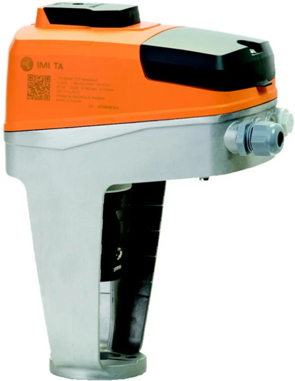 Stellantrieb von IMI Hydronic Engineering in Orange und Silber. Geeignet für Heizungssteuerung, mit Anschlüssen für elektrischen Betrieb und Regelungssignale.
